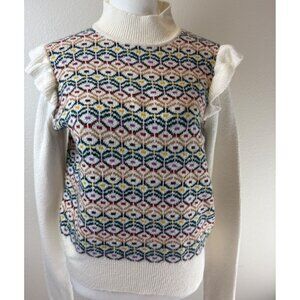 Loft Women's Geo Jacquard Ruffle Mock Neck Size Medium Cream Long Sleeves